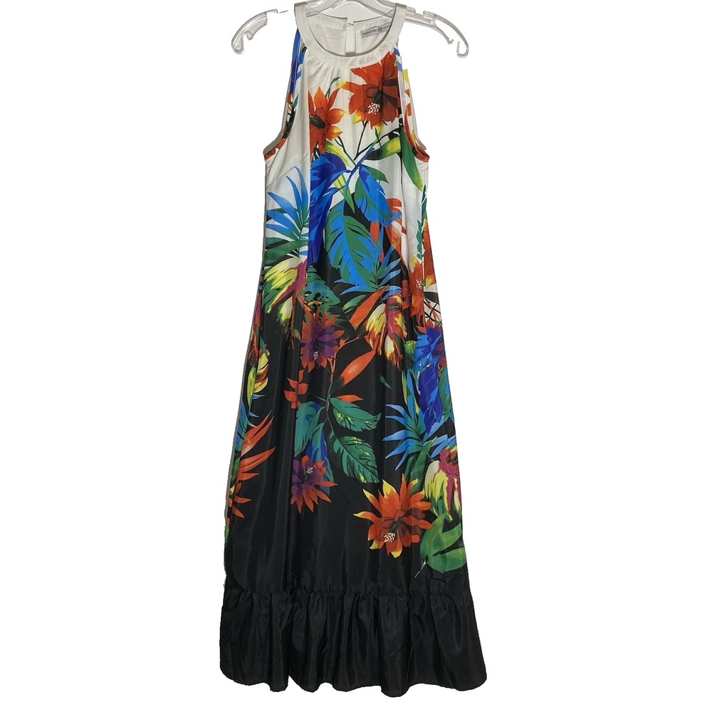 Signature Collection Maxi Dress Womens Small Multicolor Floral Bright Art Ruffle